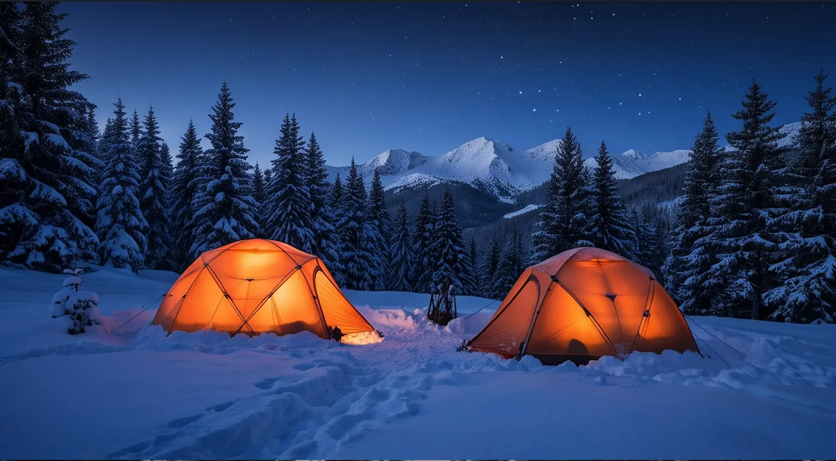 Winter tent camping setup in the snow